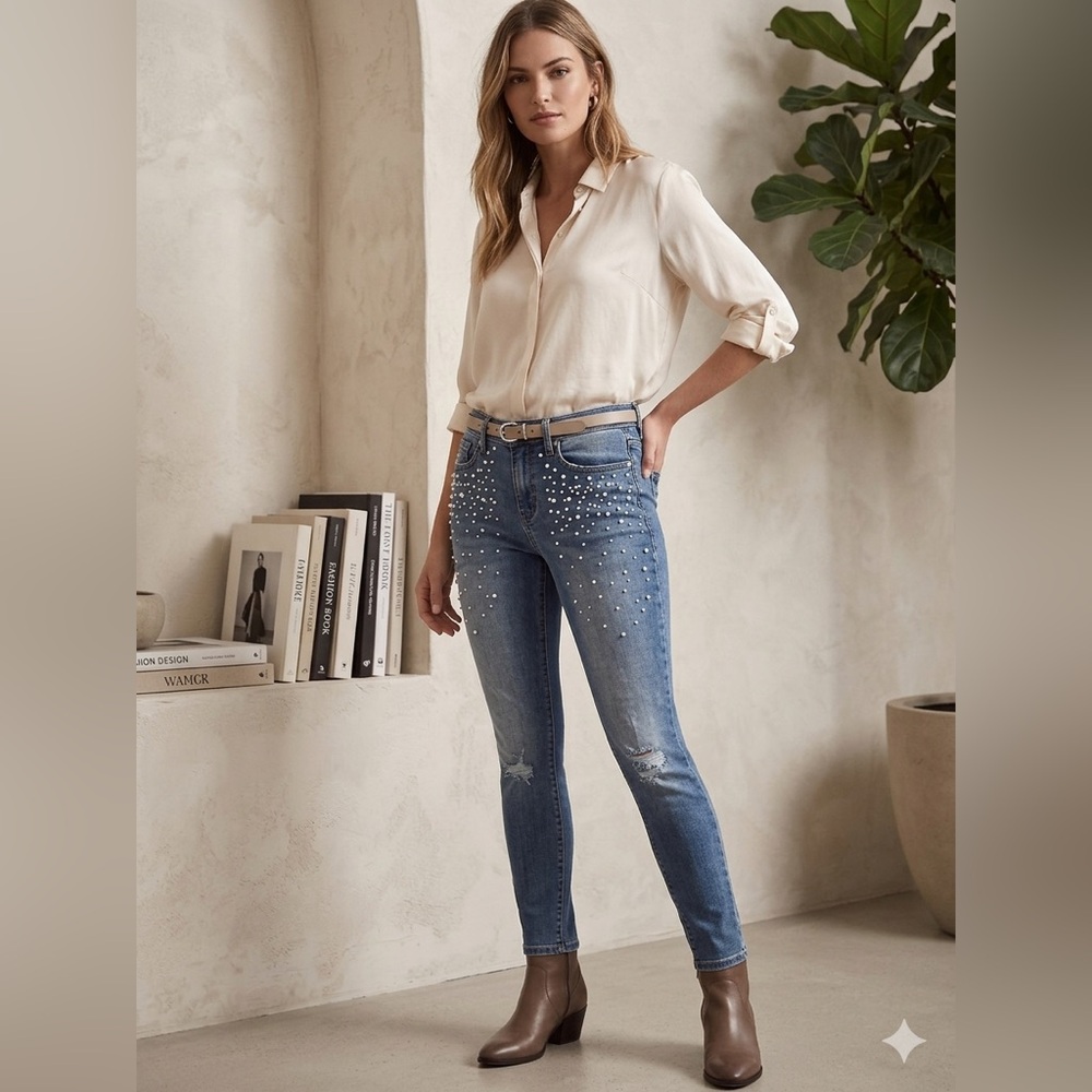 Seven7 Pearl-Embellished Blue Skinny Jeans --Women's 4